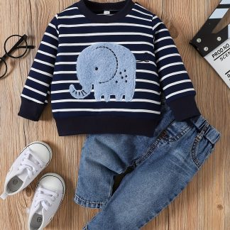 European and American Autumn Boys' Elephant Print Denim Long Pants Set, Perfect for Outdoor