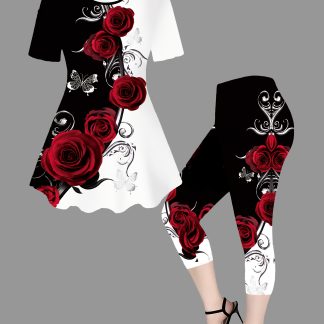 Spring/Summer Bright Red Rose Pattern Casual Round Neck Short Sleeve Top and Solid Color Tight Pants Set N010