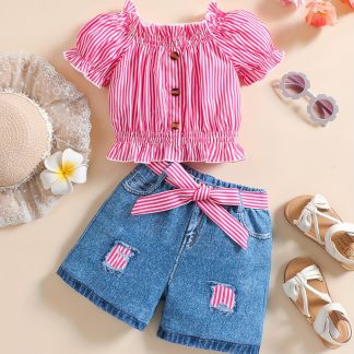 Adorable Striped Top and Faux Denim Shorts Set for Girls. This Outfit Features a Cute Blue and White Striped Top with Ruffles and Button Detail, Paired with Trendy Faux Denim Shorts Complete with a Belt. Perfect for Summer Outings and Playdates
