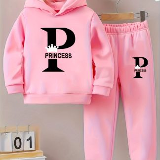 Two-Piece 'S P-Print Long-Sleeved Sweatshirt And Elastic Waist Sweatpants Set - Outdoor Autumn/Winter Clothing, for Outdoor