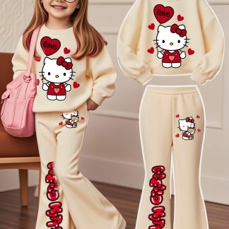 Sanrio Autumn/Winter Girls' Fashion Long Sleeve Pants Set, Hello Kitty Heart Print, Cartoon Pattern Casual Versatile Sweatshirt Pullover + Pants, Perfect for Outdoor