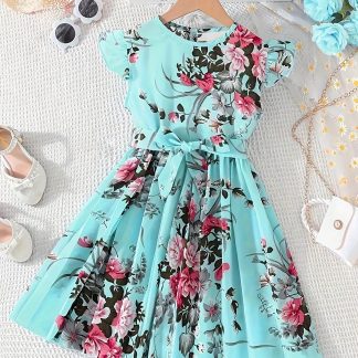 Ethnic Style Girl Retro Elegant Floral Print for Lotus Sleeve Mid-Long Dress And Belt, Elegant Pleated Princess Dress, As a Gift