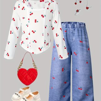 2Pcss Girls' Long Pants Set, Fashionable Fit Cute Fruit Cherry Pattern Print Round Neck Long Sleeve T-Shirt And Fashionable Individual Knit Imitation Faux Denim Print Wide Leg Pants 2Pcss Set, Casual Soft Comfortable Girls' Clothing Outerwear
