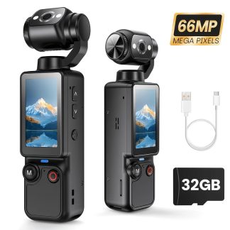 Portable 4K Video Recording Camera -66MP High Definition, 4.83 cm Rotating Display, 2000Mah Rechargeable Battery, Webcam Function, USB-C Charging, 32GB Card, Ideal for Travel & Outdoor Use