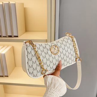 New French Vintage Underarm Bag for Women Featuring Letter Prints, a Small Crossbody Square Bag with a Chain, And a Shoulder Tote. Perfect for Ladies, It Has an Adjustable Crossbody Strap with an M Logo, a Zip Closure