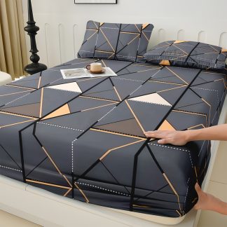 1pc Modern Geometric Pattern Fiber Fitted Sheet, Suitable for Double/Queen/King Size Beds - Dark Gray And Golden Design, Wrinkle-Free Luxurious Bed Skirt, Velvet-Like Soft Touch, Creates Elegant Ambiance, Pillowcase And Pillow Insert Not Included