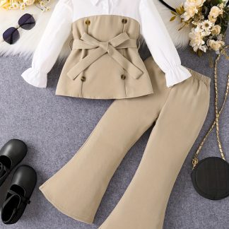 Girls' Fashionable Spring/Autumn Outdoor 2pcs Set: Long-Sleeve Half-Cardigan Top with Double-Breasted Button Decoration and Belt, Butterfly Long-Sleeve Top + Flared Pants, Perfect for Outdoor