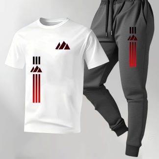 Men's Short-sleeve and Long-pants 2pcs Set, Featuring a Black-to-red Gradient Striped Print. The Clean-cut Design Is Suitable for Various Sports Activities Such as Running, Playing Ball, and Working Out. Breathable and Sweat-wicking, It's Easy