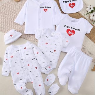 8pcs Set for Boys And Girls Featuring Comfortable And Soft Heart-Shaped Letter Prints And, Including Long Romper, Hat, Bib, Socks, Pants, Jacket, Top, And Triangle Bodysuit, for Outdoor