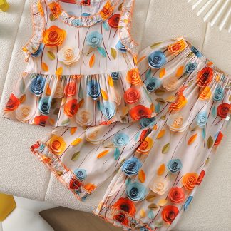 2pcs Set: Sleeveless 3D Floral Top and Wide-Leg Pants for Girls, Lightweight Summer Set. Suitable for: Outings, Festivals, School, Vacations, Beach. The First Choice for a Girl's Birthday Gift, Perfect for Outdoor