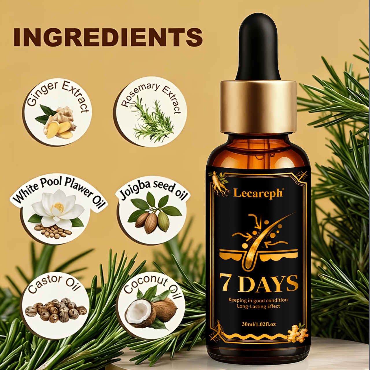 7 DAYS Strengthen Powerful Leave-In Hair Oil Contains Turmeric Ingredient. Just a Drop Loose Dandruff Flakes, Smooths And Lengthens Hair, Effectively Controls Frizz, Dryness And Split Ends. Leaving Hair Bouncy And Elastic. Dry Hair - Image 2