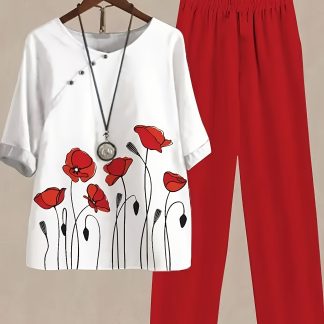 Women's Casual Floral Print Round Neck Top and Pants Set - Ideal for Spring/Summer, Elegant Floral Outfit