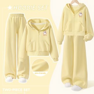 MIANZHI Brand 2pcs Set, Girls' Long Pants Outfit, Children's Cardigan + Wide-Leg Pants, Spring/Autumn Style, Hooded Jacket, Light Yellow, Stylish and Fashionable, Casual Sportswear, Wash-Resistant, Durable, for Middle and Older Children
