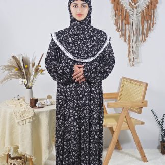 Floral Print Long Robe for Women, Comfortable Loose-Fit Prayer Dress, Ramadan Special, Polyester with Elastane, Machine Washable