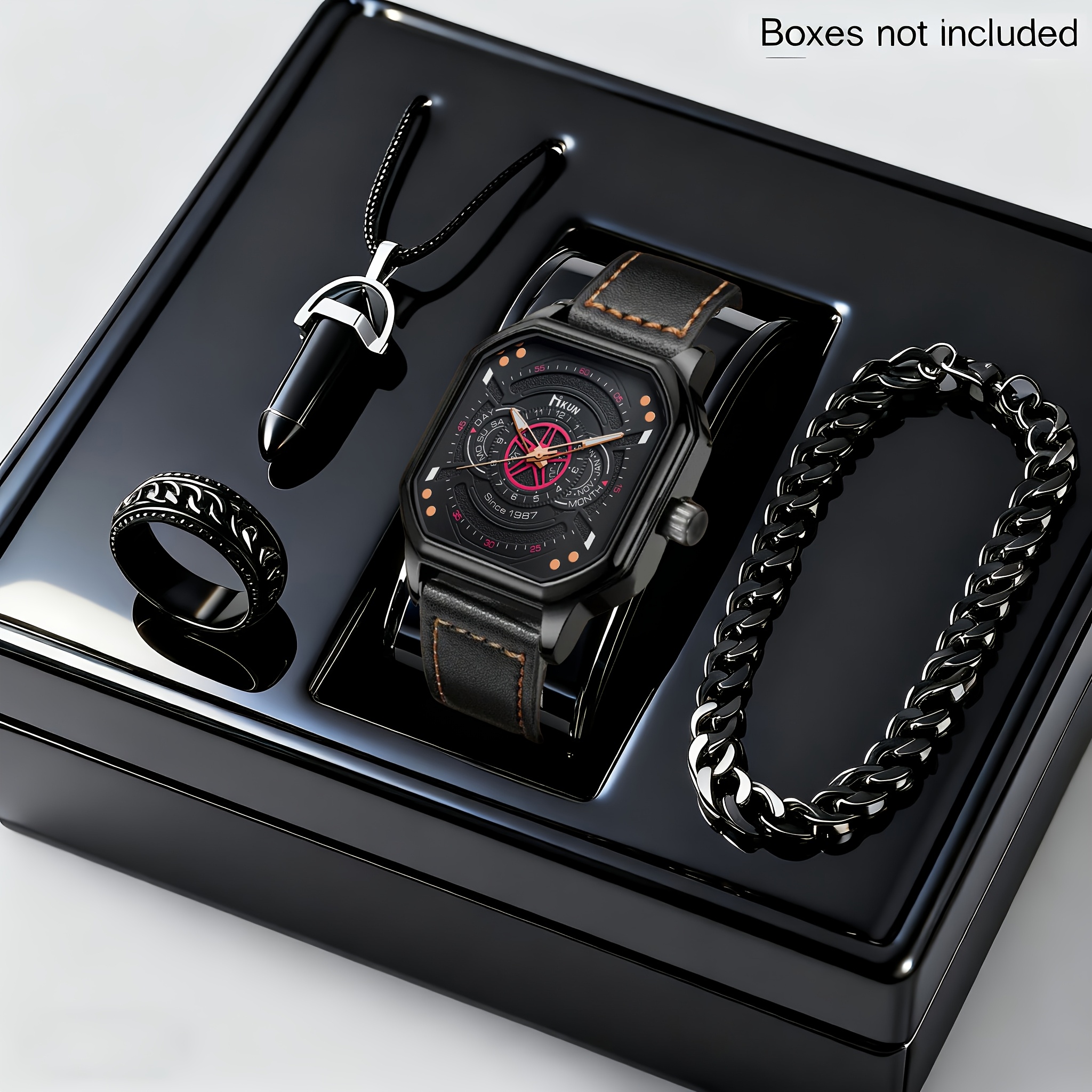 4pcs Men's Fashionable and Elegant Watch Set with Versatile Bracelet, Ring, and Necklace - The Perfect Gift for Him on Father's Day or Birthday - Image 4