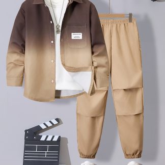 Cool And Stylish Boys' Outfit with Tie-Dye, Fashionable Casual Gradient Long-Sleeve Open-Front Shirt And Pants 2pcs Set, Suitable for Daily Wear, Parties, And Birthdays, (Spring And Autumn Gift) with Pockets, for Outdoor