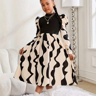 Girls' Spring/autumn Irregular Striped Print Knit Patchwork Long Dress, Elegant, Party, Girls' Clothing, Vintage Fashion