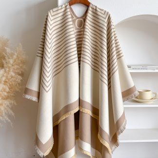 Plus Size - Faux Cashmere Striped Poncho Jacquard Shawl, Minimalist Style Plus Size Cardigan Winter Wrap, Soft And Warm, Reversible, Ideal for Work, Meetings, Daily Outfits