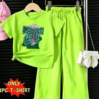 Printed Design - Non-Textured 2D Printing 2026 New Y2K Style Girls' Short Sleeve Green Floral Print Bow Tie Printed T-Shirt, Single Piece