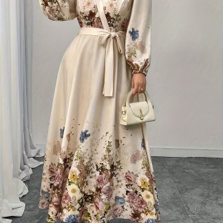 Plus Size - Plus Size - Plus-Size Women'S Elegant Waist-Defining Printed V-Neck Long-Sleeve Dress