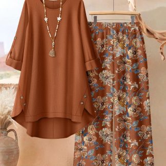 Plus Size, A 2pcs Set of a Solid-color, Irregularly Hemmed Design Top Paired with Floral Printed Trousers, Exuding Elegance in Daily Life