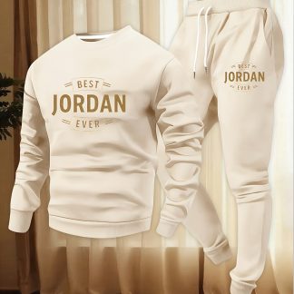 Fashion Print Men'S Round Neck Long Sleeve Sweatshirt And Drawstring Pocket Long Pants 2pcs Set, Micro-Elastic Easy-Care Fabric, Regular Fit Suitable for Men'S Wear