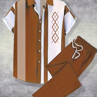 Men'S 2pcs Hawaiian Style Short Sleeve Collared Shirt And Drawstring Long Pants Outfit, All-Over Print Casual Button-Up Shirt And Trousers, Suitable for Summer Daily Wear And Vacation Destinations
