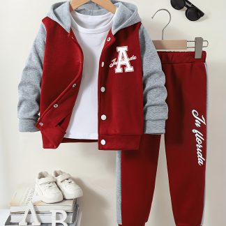 2pcs Set for Boys, Autumn And Winter Style, Fake Two-Piece Color-Block Design Hooded Baseball Jacket with Matching Pants Set, Letter Pattern Print, Comfortable And Trendy Autumn And Winter Sports Style Clothing, for Outdoor