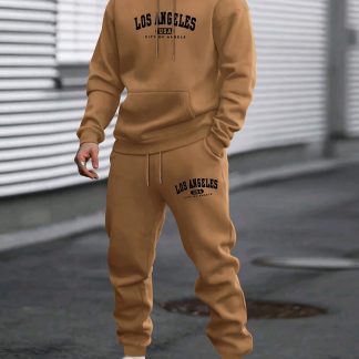 2pcs Men'S Casual Hooded Sweatshirt And Pants Set, Los Angeles Letter Print Men'S Outdoor Sports Set, Hooded Long Sleeve Sweatshirt And Tapered Athletic Pants Set, Spring Autumn Warm Pullover with Drawstring And Kangaroo Pocket