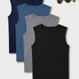 Men'S Solid Color Casual Daily Home Wear Vest 4pcs Set
