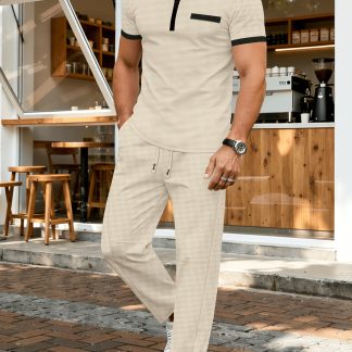 Men'S Spring Autumn Color Block Ribbed Collar Polo Shirt And Spliced Design Pants 2pcs Set, Zipper Short Sleeve Top with Versatile Fit Bottoms, Daily American Streetwear Style Outfit
