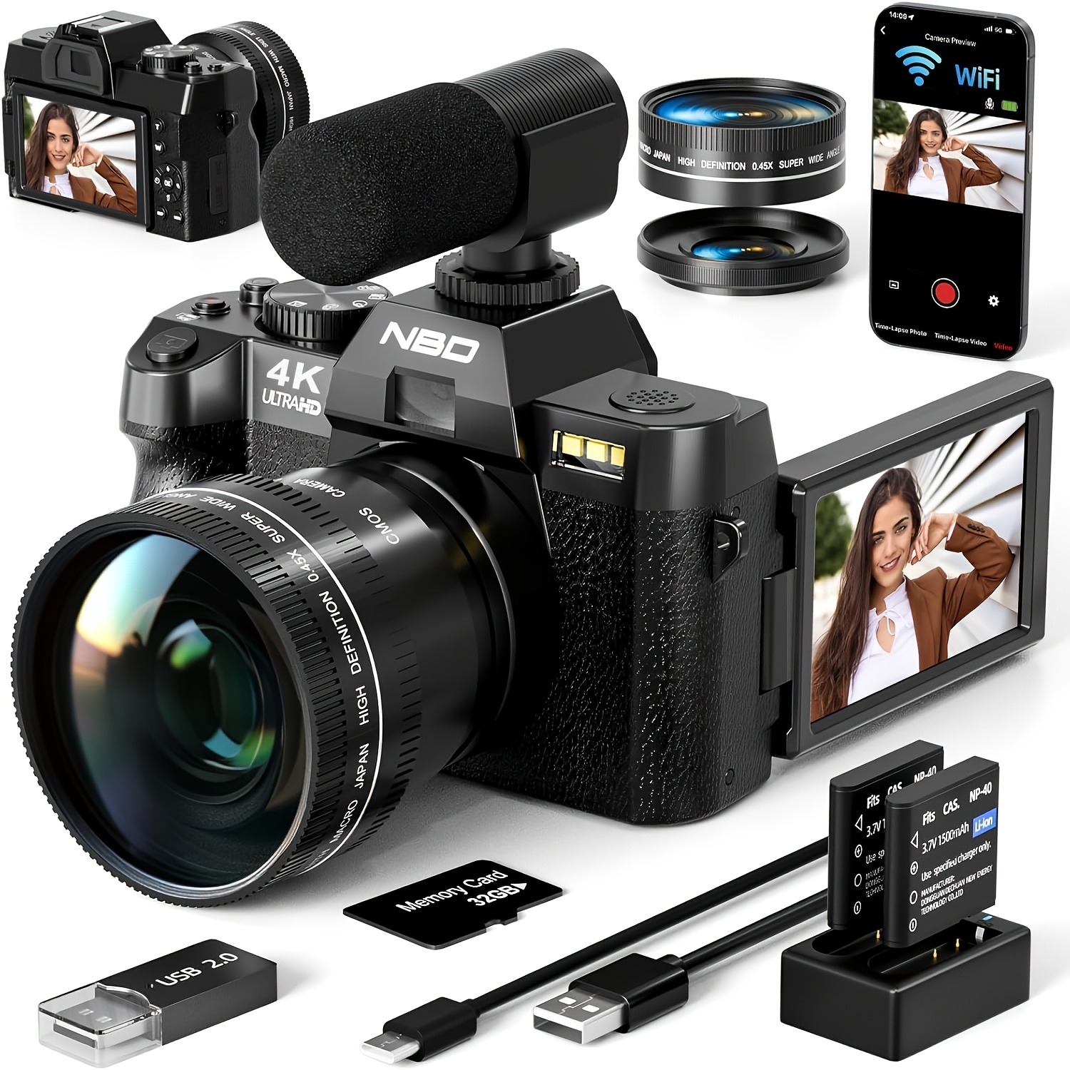 NBD 48MP Digital Cameras for Photography with WiFi & App Control,4K Autofocus Vlogging Camera for YouTube with 16X Zoom, Anti-Shake, 32GB TF Card, Dual Batteries, 52mm Wide Angle & Macro Lens