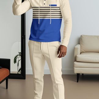 Spring and Autumn Men's Casual 2pcs Set, featuring a combination of waffle striped contrasting hooded long sleeves and elastic drawstring pants. The fabric is soft and lightweight, making it a versatile outfit for fitness, yoga, hiking, and more.