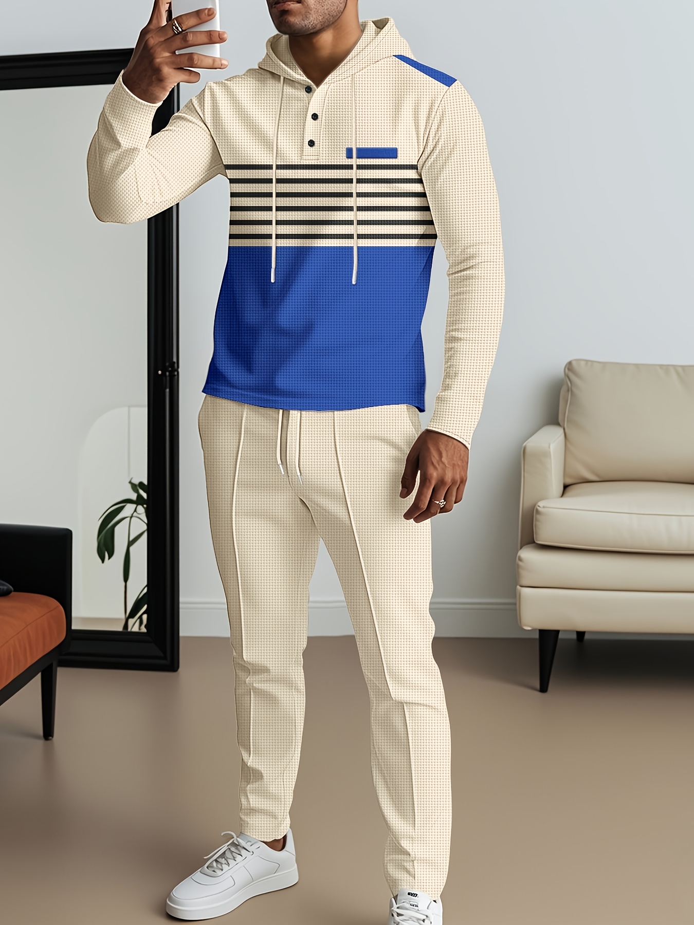 Spring and Autumn Men's Casual 2pcs Set, featuring a combination of waffle striped contrasting hooded long sleeves and elastic drawstring pants. The fabric is soft and lightweight, making it a versatile outfit for fitness, yoga, hiking, and more.