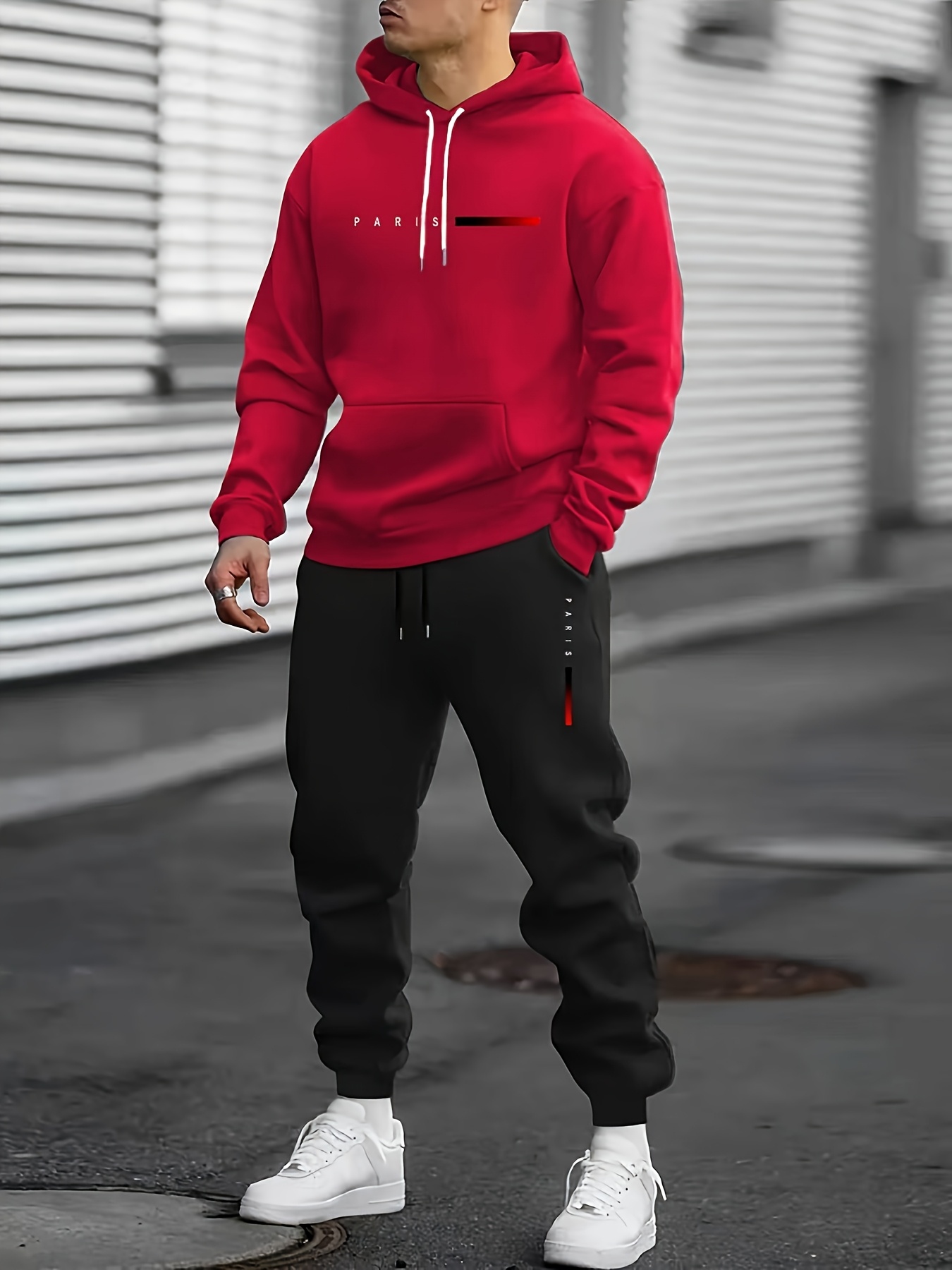 New Autumn/Winter -Lined Printed Hooded Sweatshirt Set, New Men's Streetwear Brand Trendy Paris-Themed Gradient Pattern Sweatshirt Set with Drawstring Sweatpants, 2pcs Set for Men to Showcase Unique Charm, Suitable for All Occasions, a Must-Have