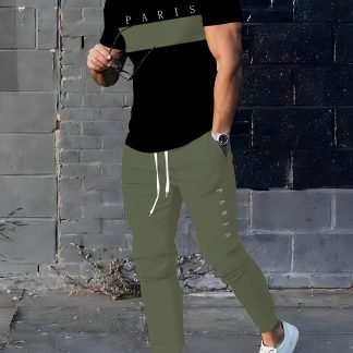 Men's Polyester Sportswear | Elegant Casual Crew Neck | Slightly Stretchy Knit with 3D Print | Regular Fit 2pcs Set | Patterned Short Sleeve T-Shirt and Long Pants