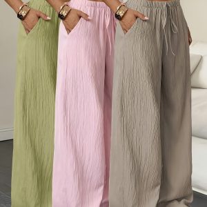 Elegant Women'S Casual Versatile Solid Wide-Leg Pants 3pcs Set