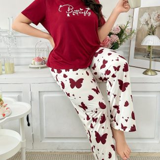 Women'S Plus Size Fashion Casual Comfortable Outerwear Pajama Set, Butterfly Print Round Neck Short Sleeve Top And Long Pants, 2pcs Set