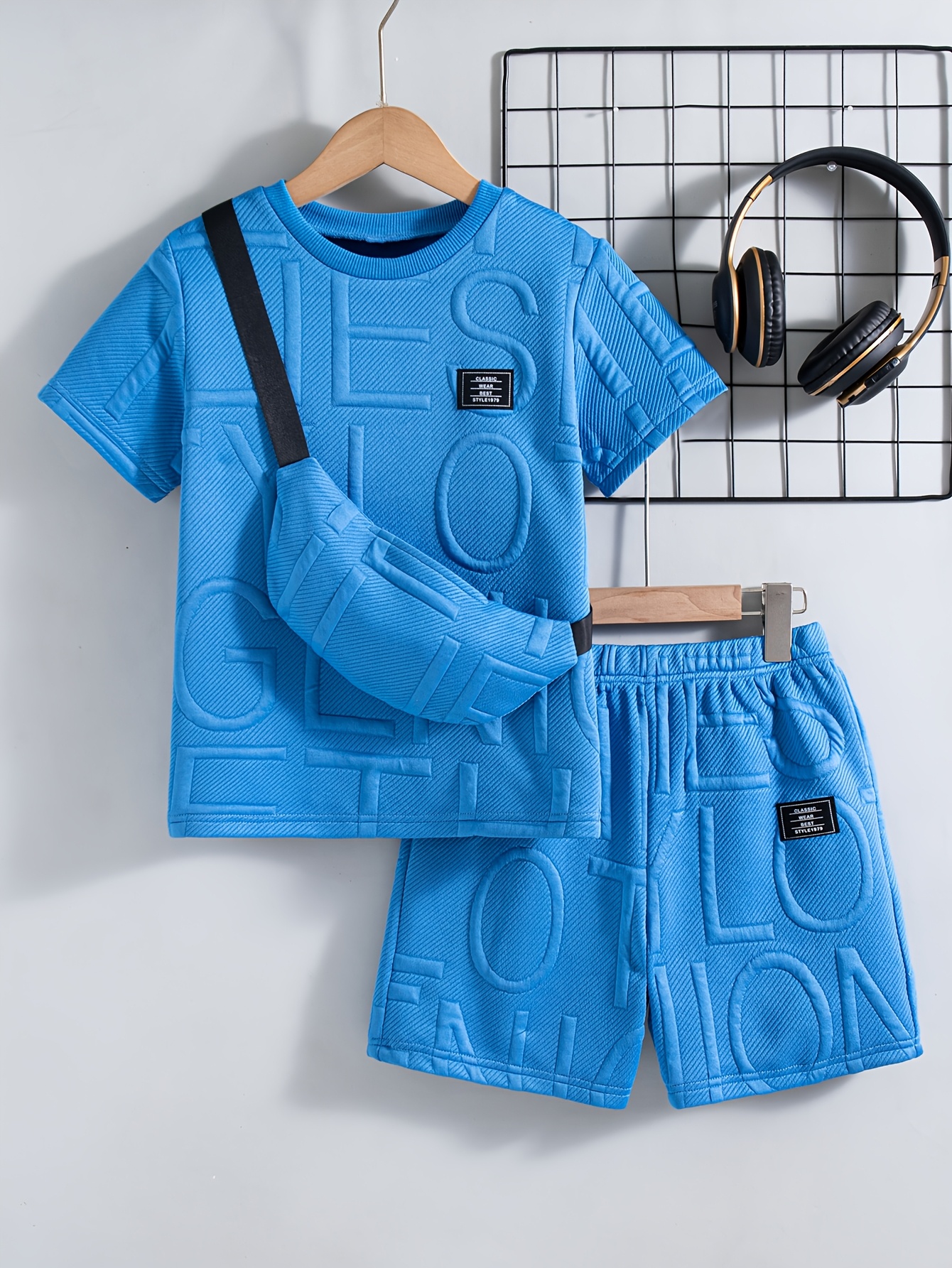 Boys' Casual Outing Solid Color Chap Design Regular Fit Round Neck Short Sleeve T-Shirt And Shorts 2pcs Set with Hanging Bag Boys' Shorts Set Summer, for Outdoor - Image 7