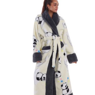 Carnival - Mother's Day - White Panda - Winter Style - Plush Style - Warm - Printed Style - 1PS Autumn/Winter Women's Long Sleeve Nightgown - Comfortable and Warm - Home Dress - Bathrobe - with Pockets - Polyester Loungewear - Adjustable Waistband