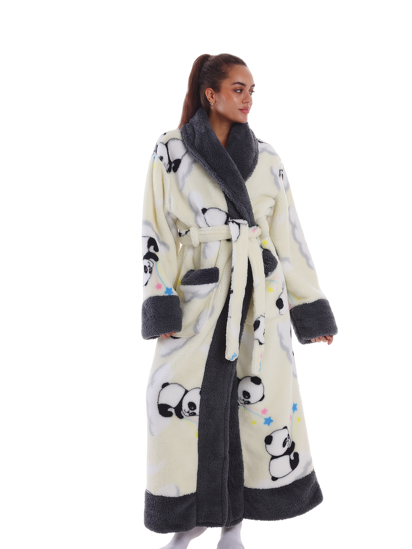 Carnival - Mother's Day - White Panda - Winter Style - Plush Style - Warm - Printed Style - 1PS Autumn/Winter Women's Long Sleeve Nightgown - Comfortable and Warm - Home Dress - Bathrobe - with Pockets - Polyester Loungewear - Adjustable Waistband