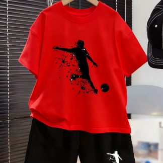 2pcs Boys' Summer Cool Football Pattern T-Shirt Set, Breathable Sports Series Printed Short Sleeve Top and Shorts - Outdoor Fashion Boys' T-Shirt, Teen Boys' Fashion 2pcs Set - Perfect for Outdoor Sports for Ages 5-6, 7-8, 9-10, 11-12, 13-14, 15