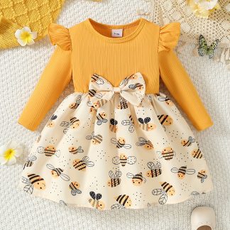 Children's Autumn Print Round Neck Cute Bee Bow Knee-Length Fashion Comfortable Dress