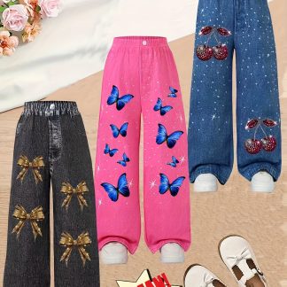 3pcs Girls' Spring/Summer Imitation Denim Printed Casual Fashion Pants with Butterfly, Cherry, and Bow Prints, Y2K Style, Suitable for Holidays, Parties, Sunshine, and Beach Wear, Perfect for Outdoor