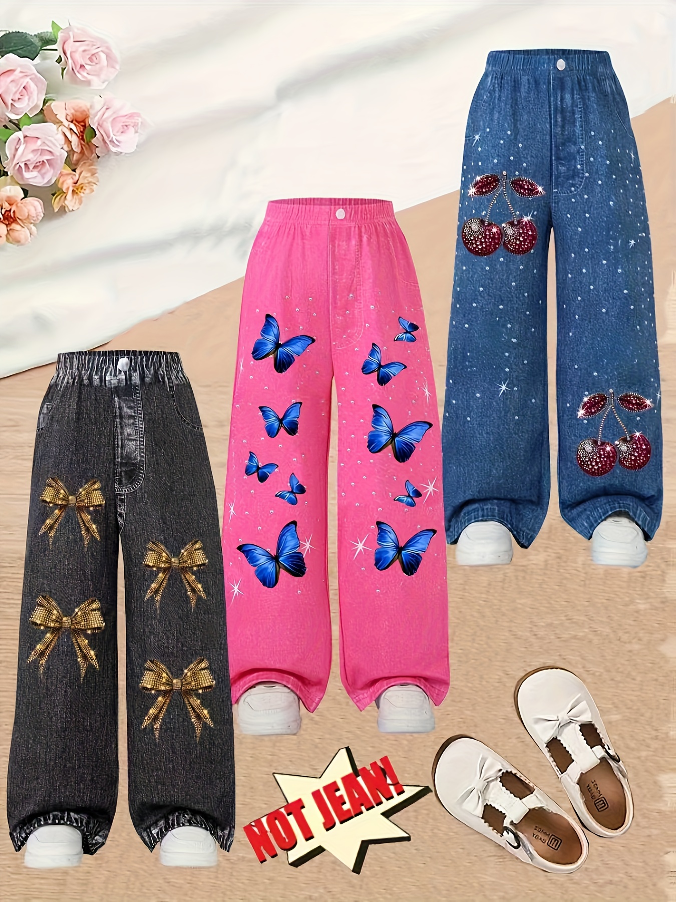 3pcs Girls' Spring/Summer Imitation Denim Printed Casual Fashion Pants with Butterfly, Cherry, and Bow Prints, Y2K Style, Suitable for Holidays, Parties, Sunshine, and Beach Wear, Perfect for Outdoor