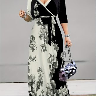 Women's Elegant Commuter Casual Print V-Neck Three-Quarter Sleeve Dress