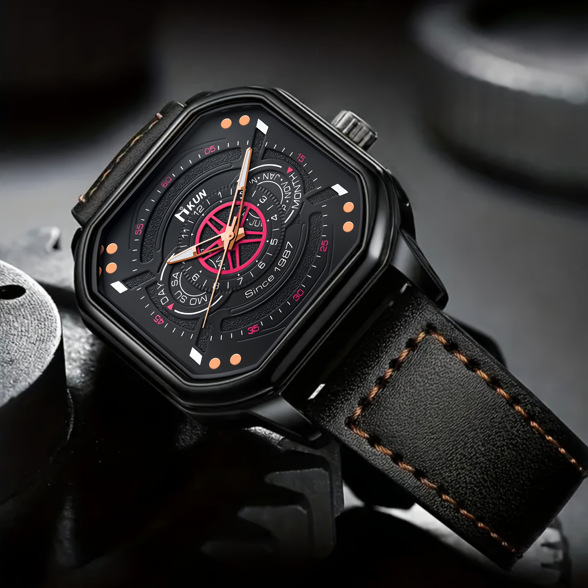 4pcs Men's Fashionable and Elegant Watch Set with Versatile Bracelet, Ring, and Necklace - The Perfect Gift for Him on Father's Day or Birthday - Image 7