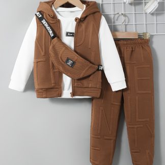 4pcs Boys' Casual Set: Letter Vest, Solid Long Sleeve Top, Elastic Waist Joggers And Crossbody Bag - Autumn Winter Comfortable Fabric, Comfortable Lightweight Trendy Athletic Wear, Suitable for Outdoor Activities