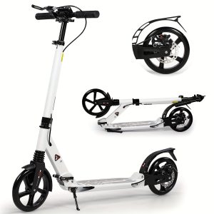 Adult Kick Scooter, Non-Motorized with 200 Mm Large Wheels, Features Disc Brakes, Back Strap, And Double Suspension, Foldable Design, Without Battery
