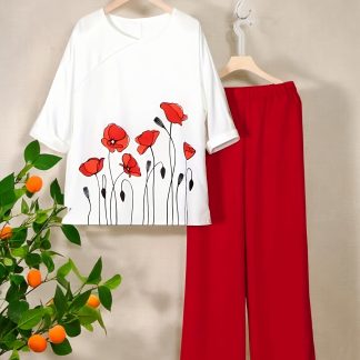 Vacation-Ready Women's Casual Printed Round Neck Top and Pants Set, Elegant Floral Style Pants